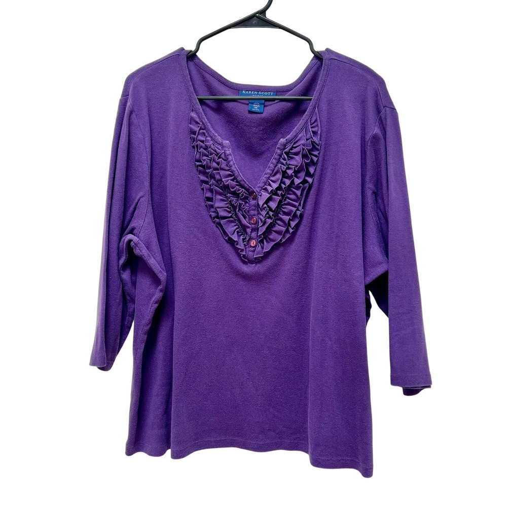 Karen‎ Scott Purple Ruffle Henley Top 100% Cotton Plus Size 1X Romantic Office